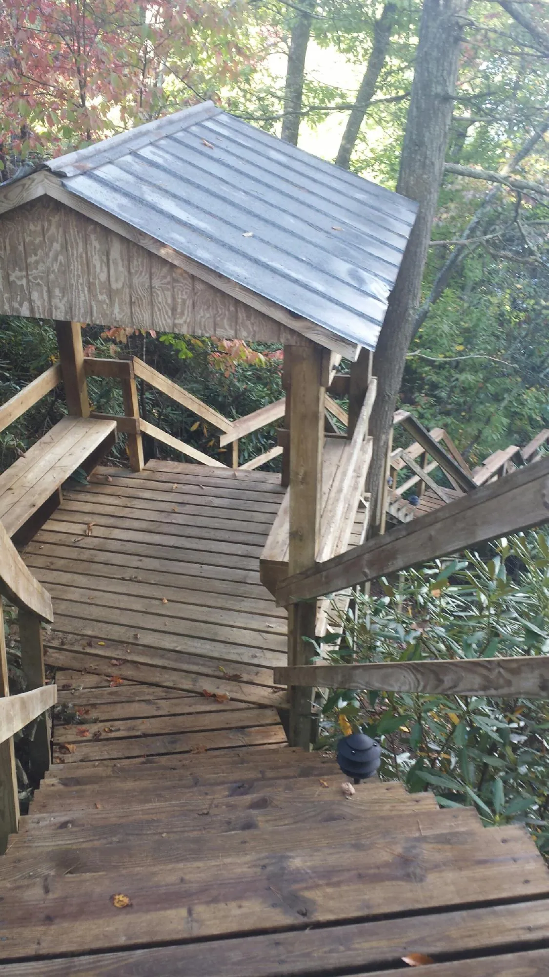 Metal roofed shelter over wooden steps on a wooded walkway — Skylight Repair & Installation work by our crew in Silver Plume